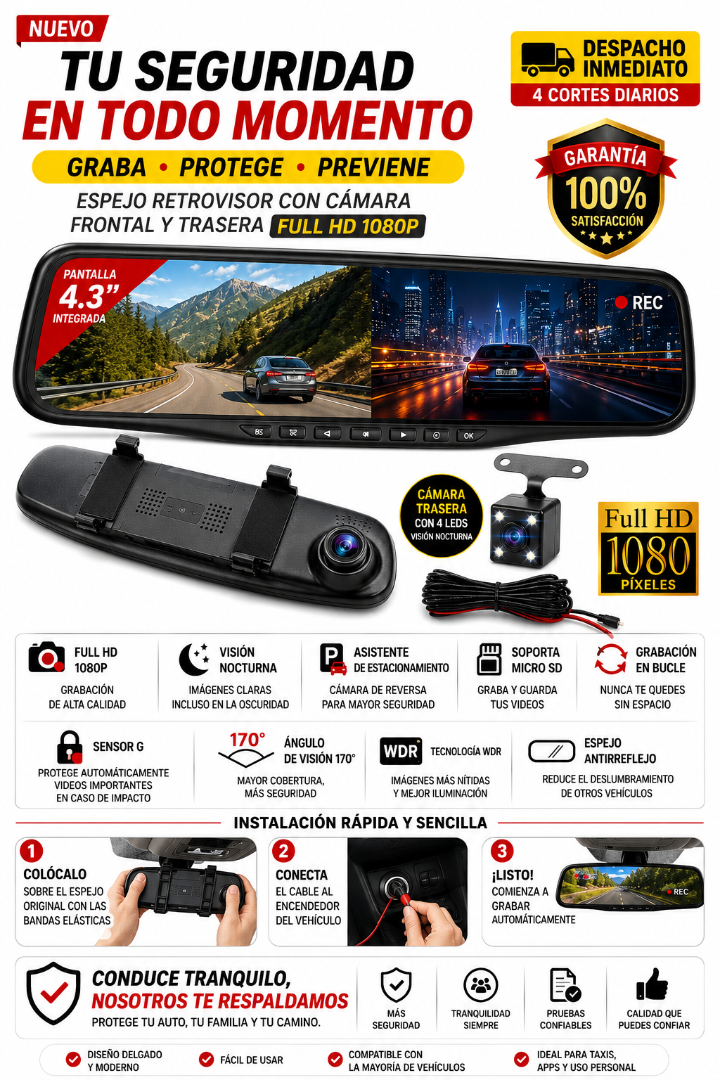Espejo Retrovisor Inteligente 4 en 1 Full HD 1080P - Cámara 170° + Visión Nocturna + Pantalla Táctil