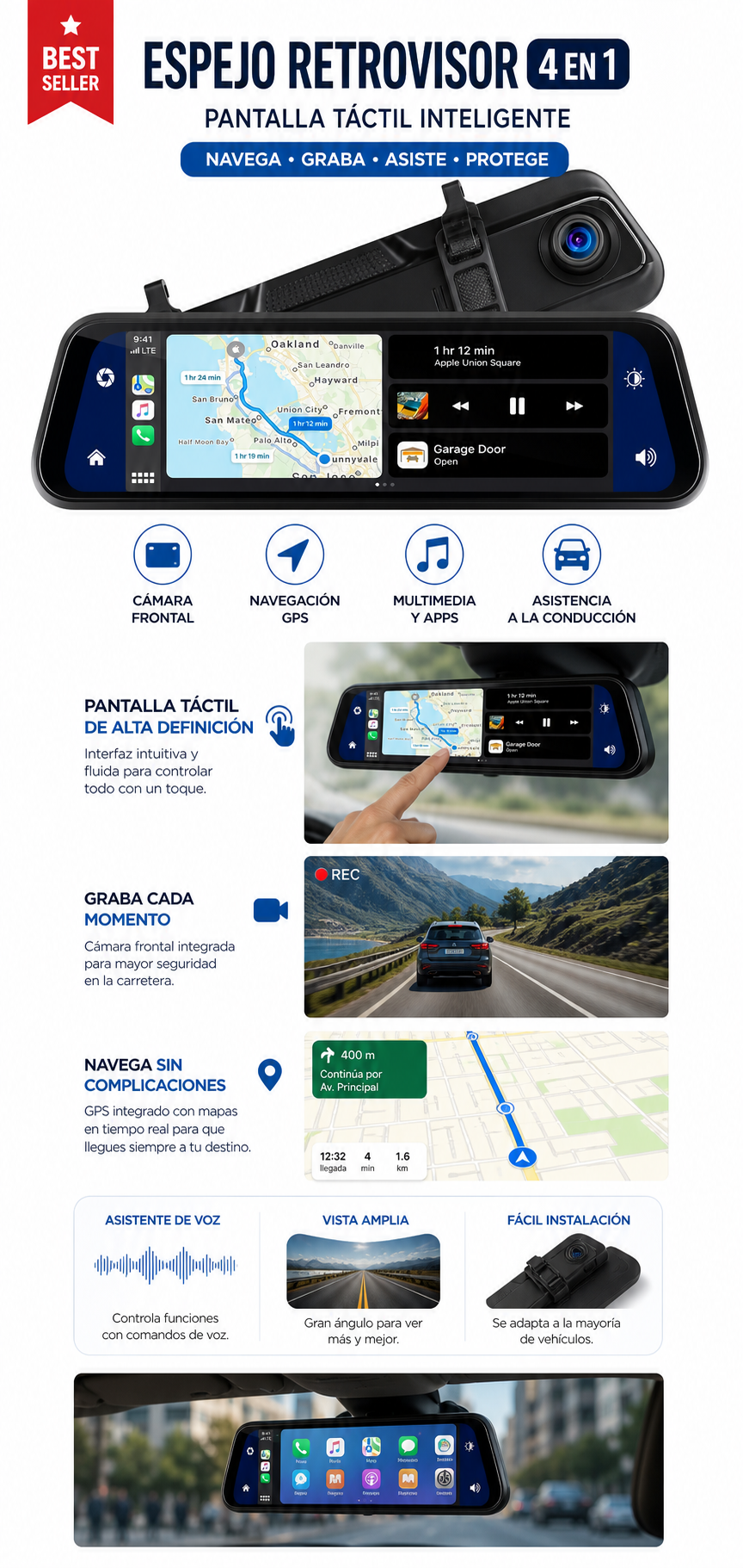 Espejo Retrovisor Inteligente 4 en 1 Full HD 1080P - Cámara 170° + Visión Nocturna + Pantalla Táctil